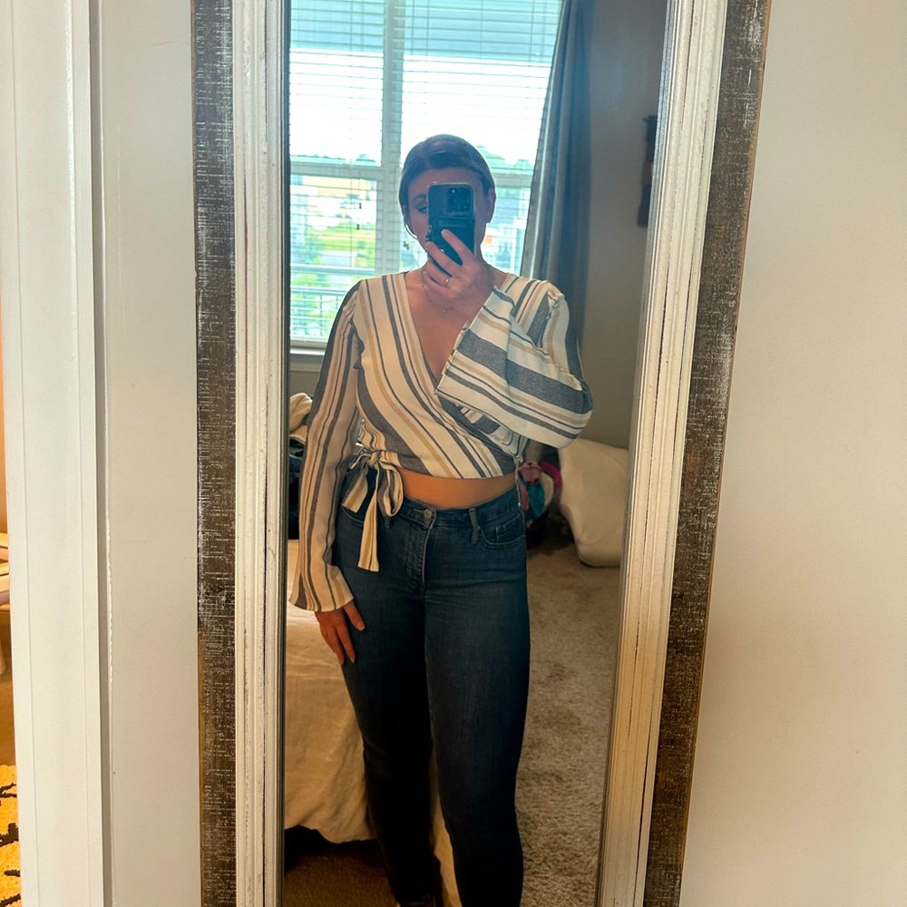 NWT Neutral Stripped Bell Sleeve Wrap Top